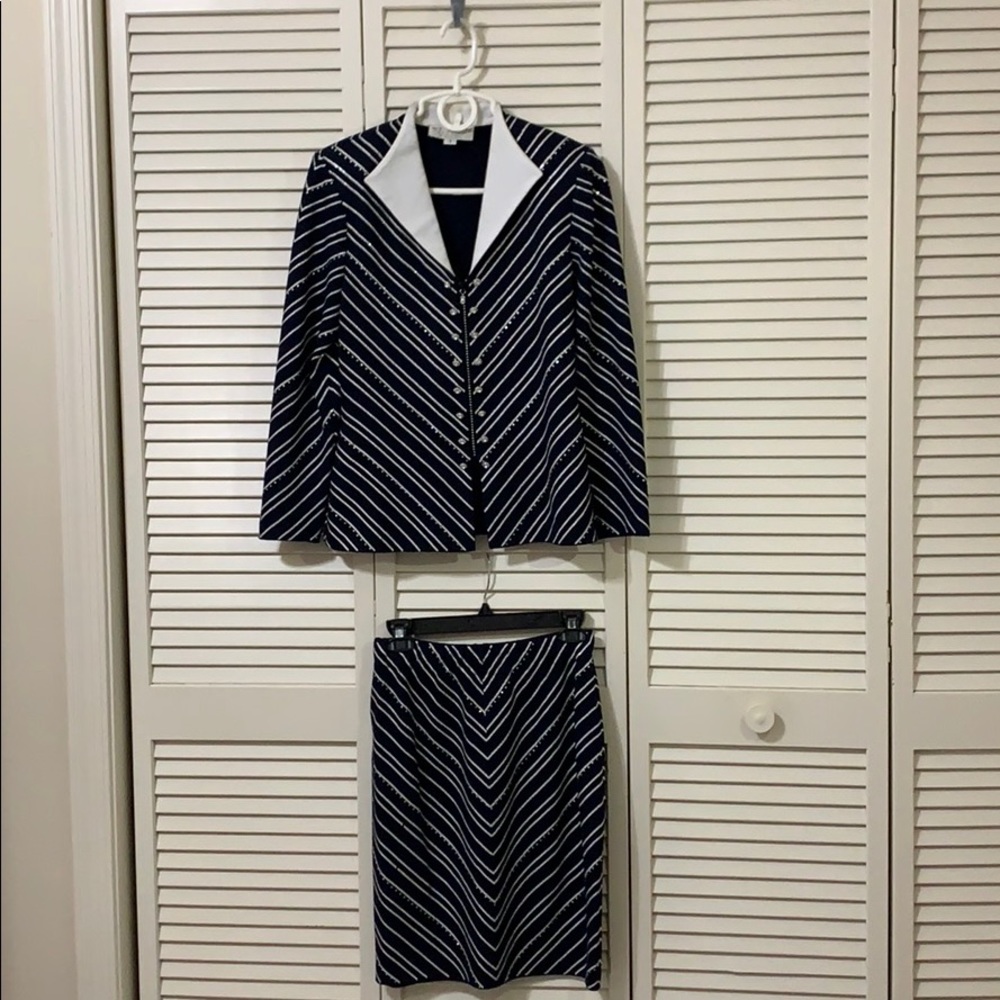 Vintage St. John Evening Navy & White Skirt Suit